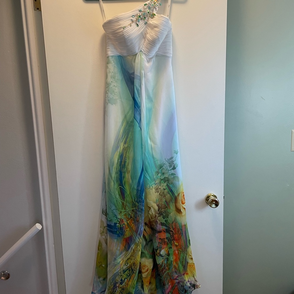 One shoulder prom dress. Beaded, full length.